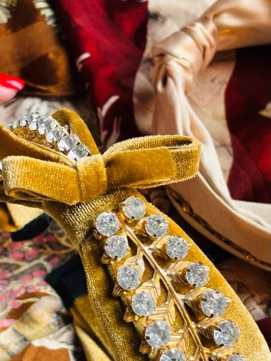 Luxury 2” Mustard Velvet Bow Headband w/ 3” Crystal & Gilded Leaf Embellishment - Picture 4 of 7